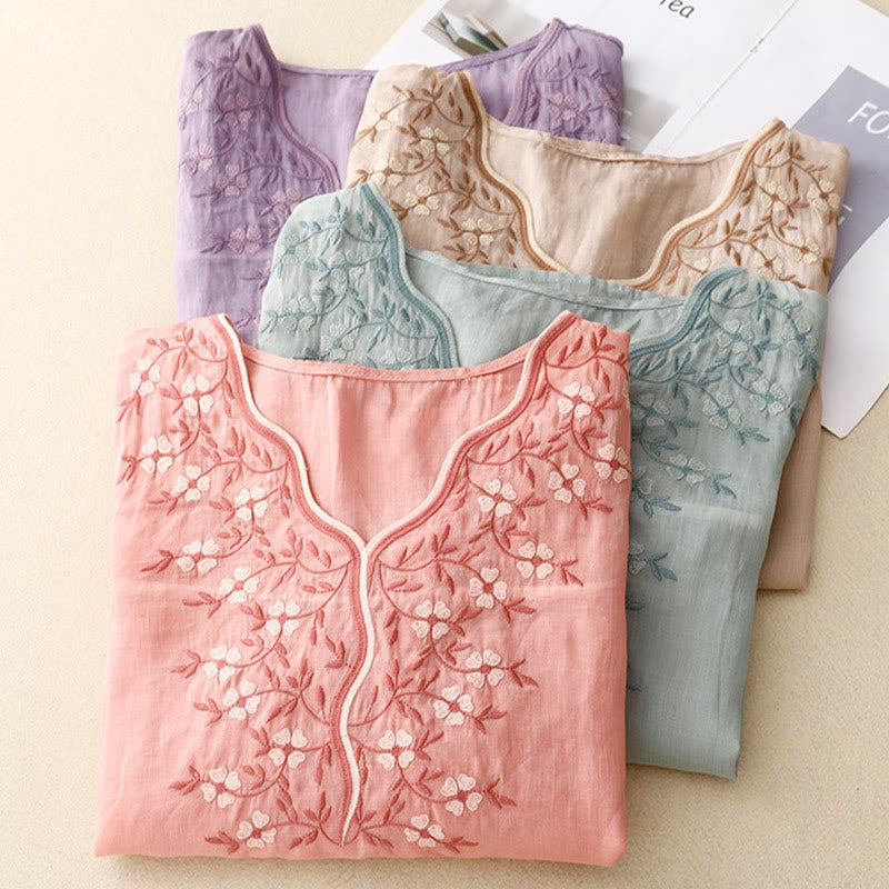 Buddha Stones Summer Casual Embroidered Flowers Women's V-neck Design Half Sleeve Acrylic T-shirt - image 22