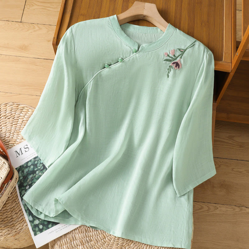 Buddha Stones Casual Women's Flowers Leaves Embroidery Pattern Frog-Button Crew Neck Design Half Sleeve Cotton Linen Shirt - MediumAquamarine - US8-10，UK/AU12-14，EU40-42 (2XL) - image 0