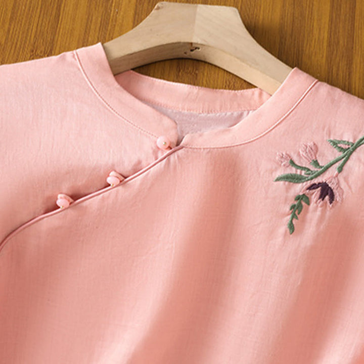 Buddha Stones Casual Women's Flowers Leaves Embroidery Pattern Frog-Button Crew Neck Design Half Sleeve Cotton Linen Shirt - image 9