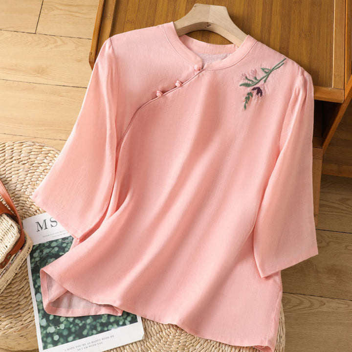 Buddha Stones Casual Women's Flowers Leaves Embroidery Pattern Frog-Button Crew Neck Design Half Sleeve Cotton Linen Shirt - LightPink - US8-10，UK/AU12-14，EU40-42 (2XL) - image 6