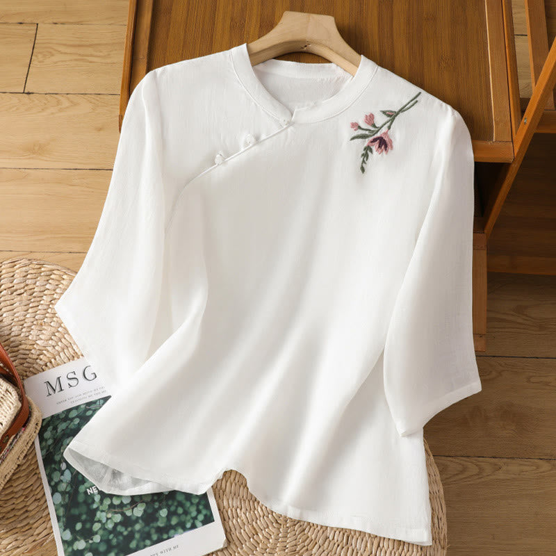 Buddha Stones Casual Women's Flowers Leaves Embroidery Pattern Frog-Button Crew Neck Design Half Sleeve Cotton Linen Shirt - White - US8-10，UK/AU12-14，EU40-42 (2XL) - image 13
