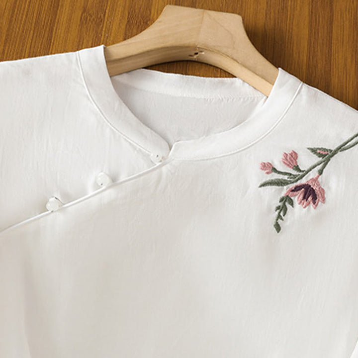 Buddha Stones Casual Women's Flowers Leaves Embroidery Pattern Frog-Button Crew Neck Design Half Sleeve Cotton Linen Shirt - image 15