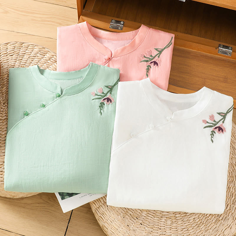 Buddha Stones Casual Women's Flowers Leaves Embroidery Pattern Frog-Button Crew Neck Design Half Sleeve Cotton Linen Shirt - image 20