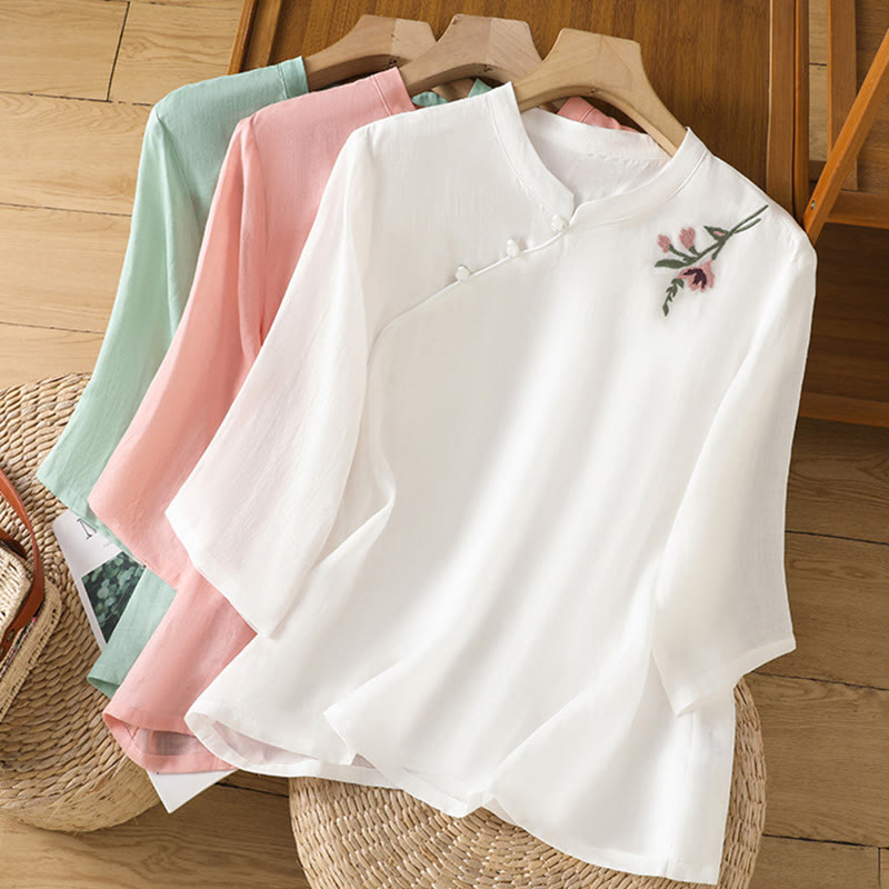 Buddha Stones Casual Women's Flowers Leaves Embroidery Pattern Frog-Button Crew Neck Design Half Sleeve Cotton Linen Shirt - image 19