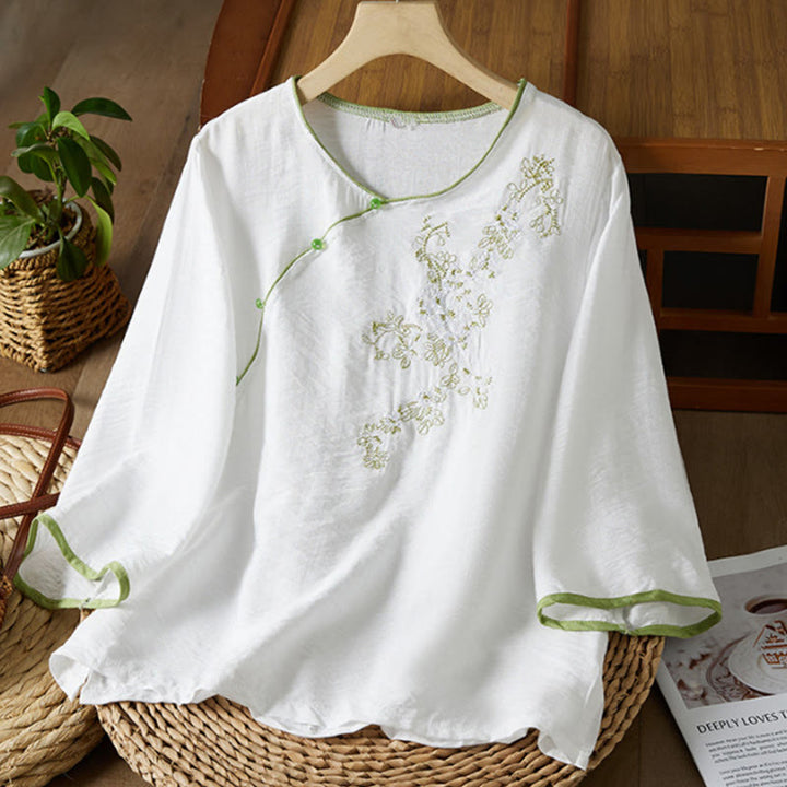 Buddha Stones Casual Women's Flowers Embroidery Pattern Frog-button Slanted Collar Design Three Quarter Sleeve Cotton Linen Shirt - White - US12，UK/AU16，EU44 (3XL) - image 0