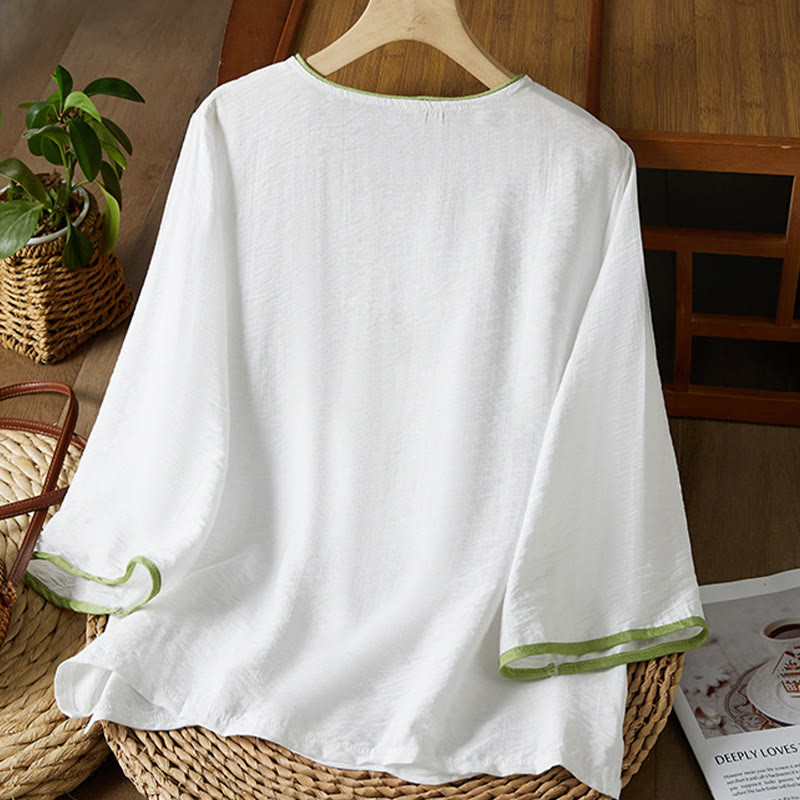 Buddha Stones Casual Women's Flowers Embroidery Pattern Frog-button Slanted Collar Design Three Quarter Sleeve Cotton Linen Shirt - image 1