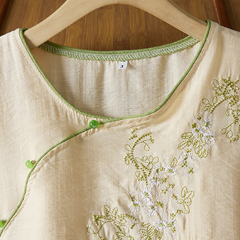 Buddha Stones Casual Women's Flowers Embroidery Pattern Frog-button Slanted Collar Design Three Quarter Sleeve Cotton Linen Shirt - image 8