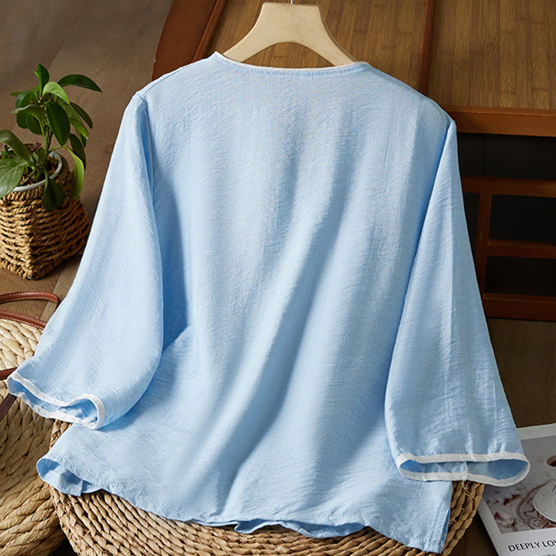 Buddha Stones Casual Women's Flowers Embroidery Pattern Frog-button Slanted Collar Design Three Quarter Sleeve Cotton Linen Shirt - image 13