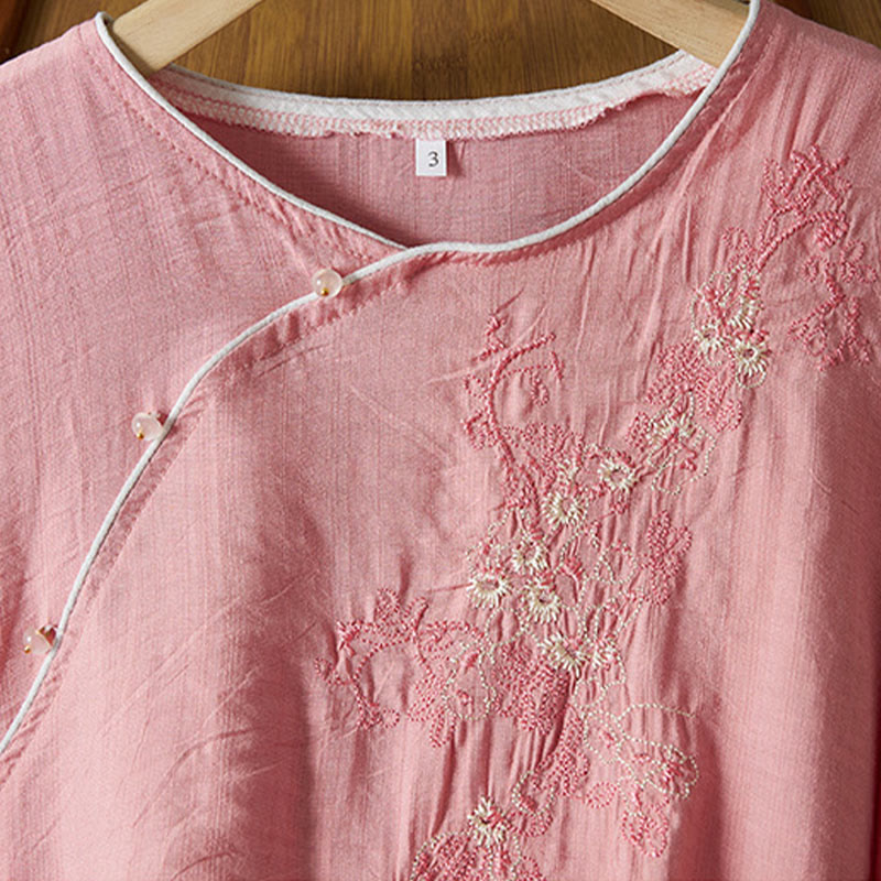 Buddha Stones Casual Women's Flowers Embroidery Pattern Frog-button Slanted Collar Design Three Quarter Sleeve Cotton Linen Shirt - image 21