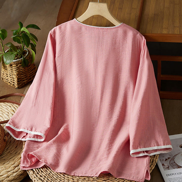 Buddha Stones Casual Women's Flowers Embroidery Pattern Frog-button Slanted Collar Design Three Quarter Sleeve Cotton Linen Shirt - image 19