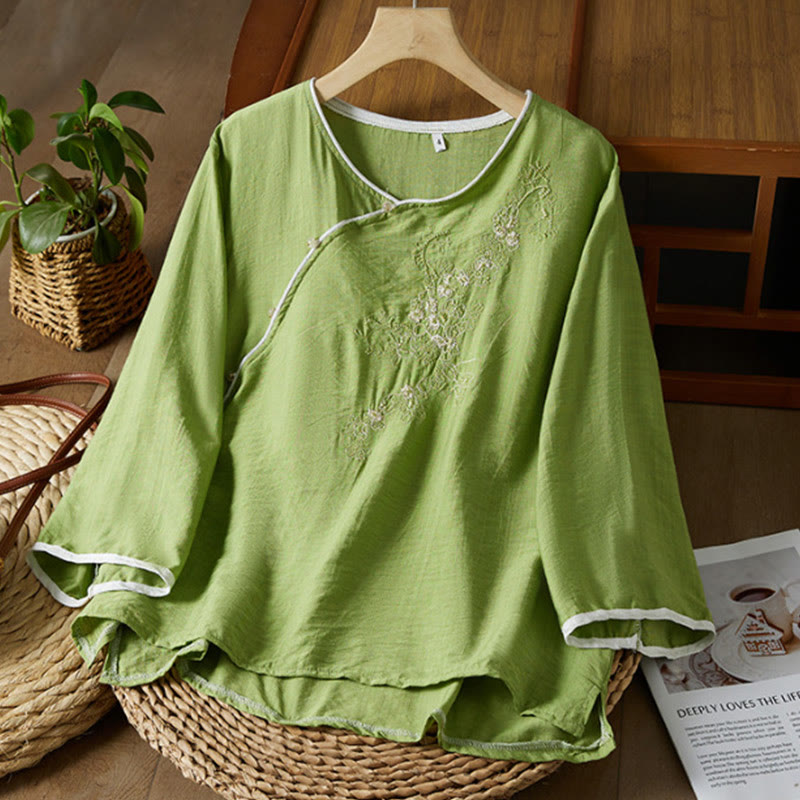 Buddha Stones Casual Women's Flowers Embroidery Pattern Frog-button Slanted Collar Design Three Quarter Sleeve Cotton Linen Shirt - YellowGreen - US12，UK/AU16，EU44 (3XL) - image 25