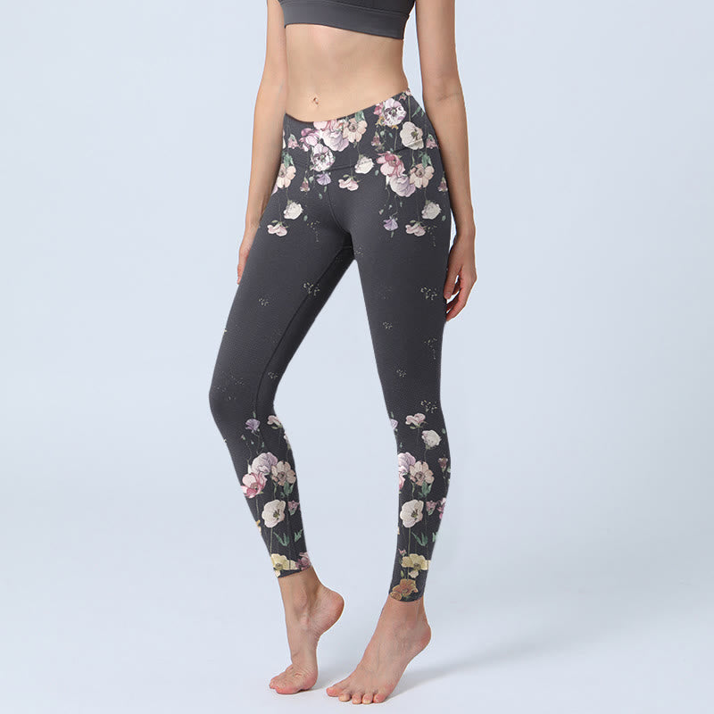 Buddha Stones Pansy Flower Pattern Print Gym Leggings Women's Yoga Pants - Black - US18，UK/AU22，EU50 (4XL) - image 0