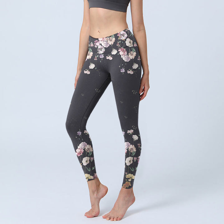 Buddha Stones Pansy Flower Pattern Print Gym Leggings Women's Yoga Pants - Black - US18，UK/AU22，EU50 (4XL) - image 0