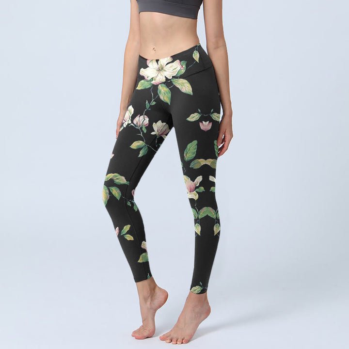 Buddha Stones Magnolia Flower Pattern Print Gym Leggings Women's Yoga Pants - Black - US18，UK/AU22，EU50 (4XL) - image 0