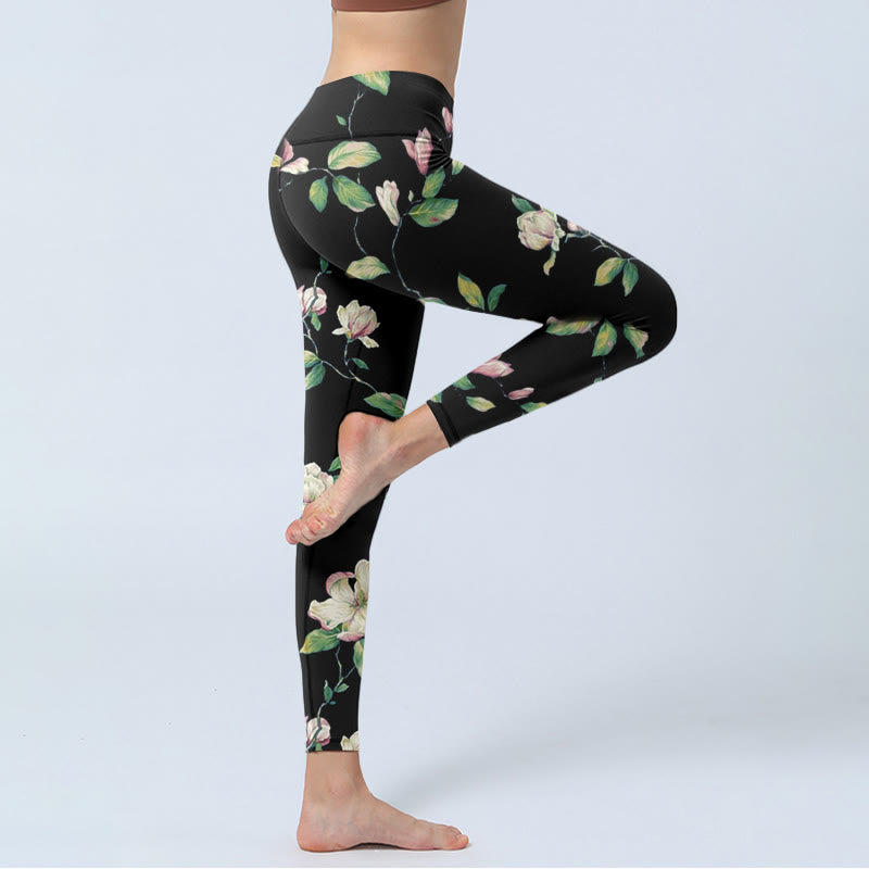 Buddha Stones Magnolia Flower Pattern Print Gym Leggings Women's Yoga Pants - image 4