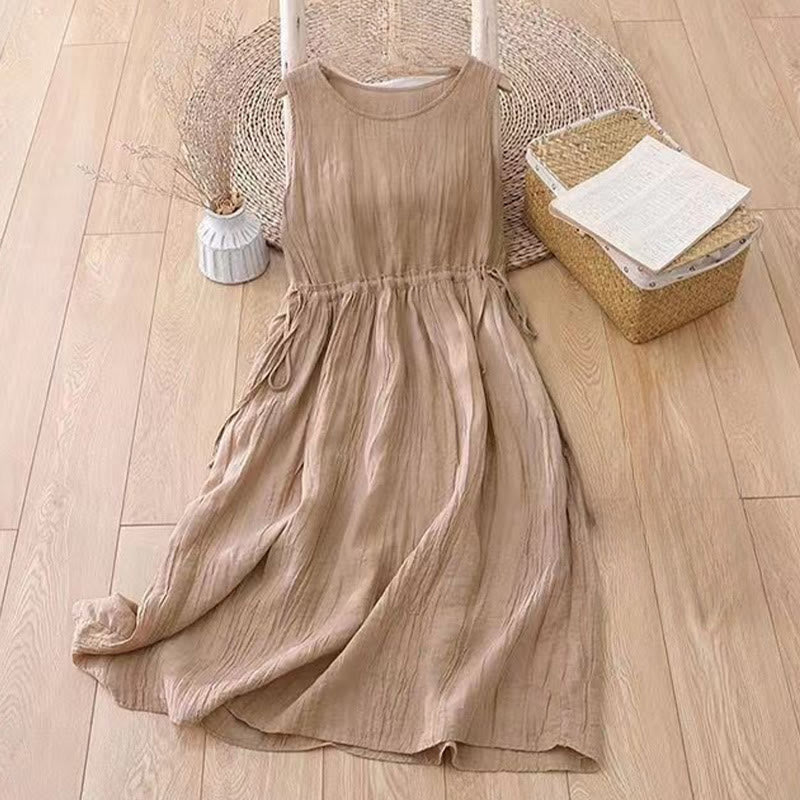 Buddha Stones Casual Plain Handmade Drawstring Waist Midi Dress Acrylic Sleeveless Dress With Pockets - image 1
