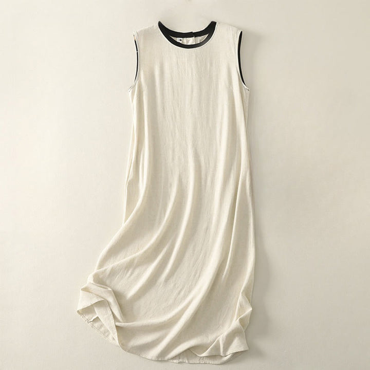 Buddha Stones Casual Stitching Color Handmade Button Design Midi Dress Polyester Sleeveless Dress With Pockets - Beige - US8-10，UK/AU12-14，EU40-42 (2XL) - image 5