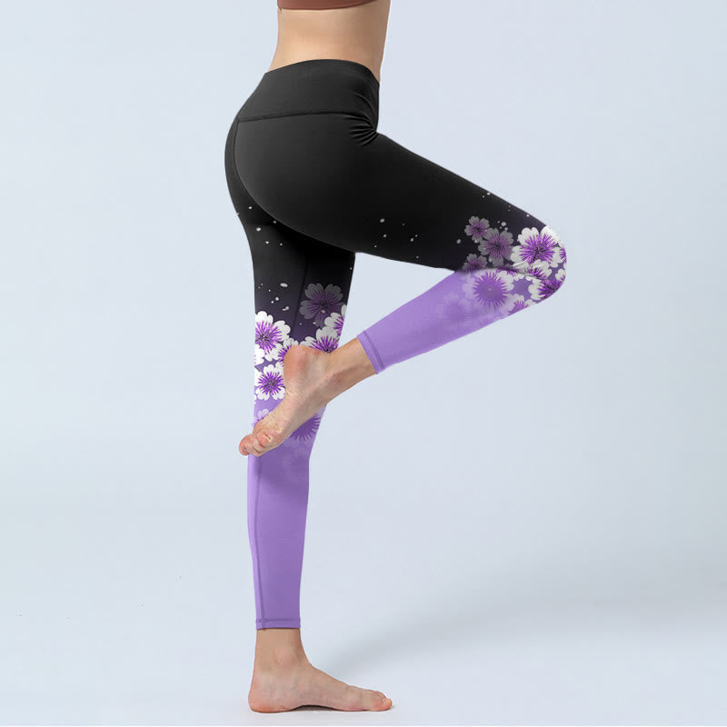 Buddha Stones White Purple Cherry Blossom Pattern Print Gym Leggings Women's Yoga Pants - image 4