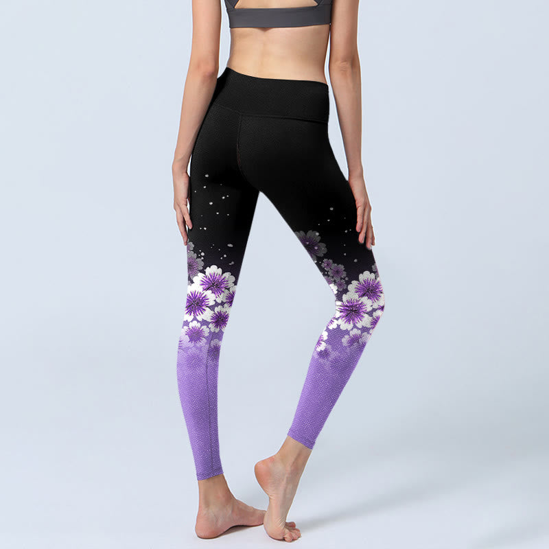 Buddha Stones White Purple Cherry Blossom Pattern Print Gym Leggings Women's Yoga Pants - image 3