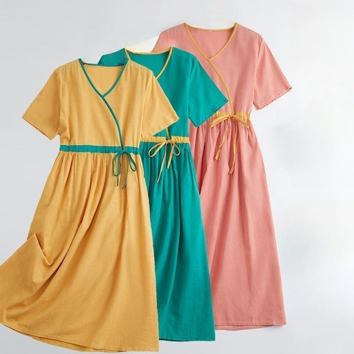 Buddha Stones Summer Casual Stitching Color Lace-up Design V-Neck Short Sleeve Midi Dress - image 15