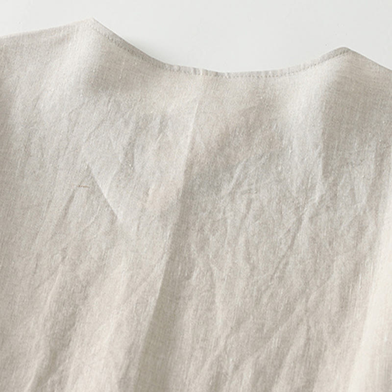 Buddha Stones Summer Casual Plain Design V-Neck Short Sleeve Cotton Linen Midi Dress With Pockets - image 3