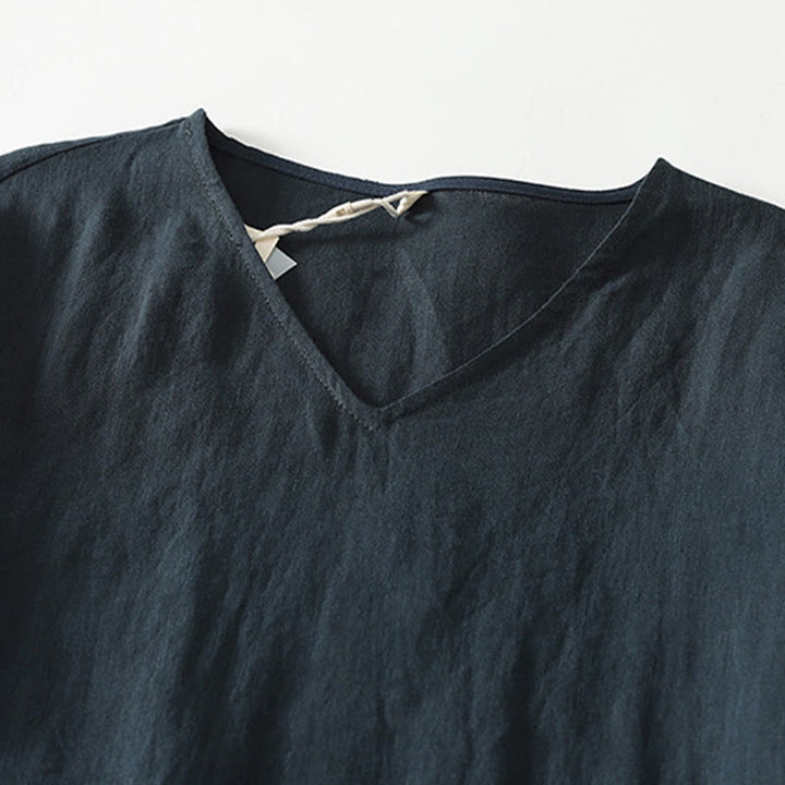 Buddha Stones Summer Casual Plain Design V-Neck Short Sleeve Cotton Linen Midi Dress With Pockets - image 10