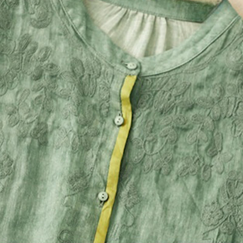 Buddha Stones Summer Casual Embroidered Stand Collar Design Three Quarter Sleeve Acrylic Midi Dress - image 1