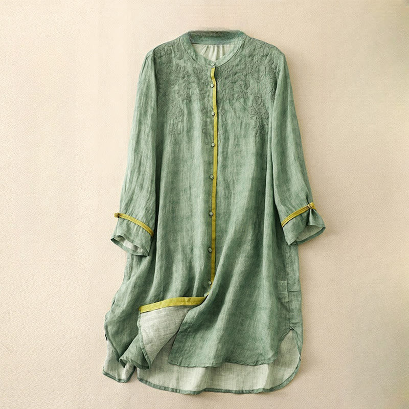 Buddha Stones Summer Casual Embroidered Stand Collar Design Three Quarter Sleeve Acrylic Midi Dress - MediumSeaGreen - US8-10，UK/AU12-14，EU40-42 (2XL) - image 0