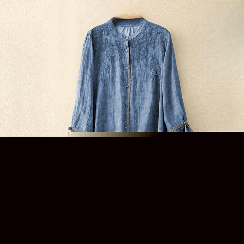 Buddha Stones Summer Casual Embroidered Stand Collar Design Three Quarter Sleeve Acrylic Midi Dress - RoyalBlue - US8-10，UK/AU12-14，EU40-42 (2XL) - image 5