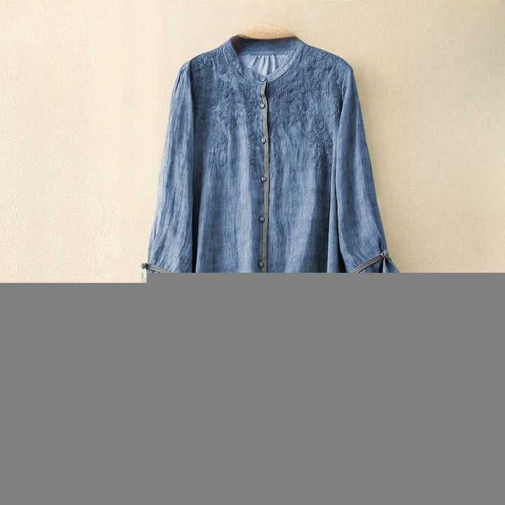 Buddha Stones Summer Casual Embroidered Stand Collar Design Three Quarter Sleeve Acrylic Midi Dress - RoyalBlue - US8-10，UK/AU12-14，EU40-42 (2XL) - image 5