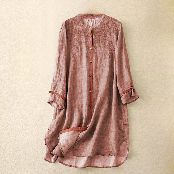 Buddha Stones Summer Casual Embroidered Stand Collar Design Three Quarter Sleeve Acrylic Midi Dress - LightCoral - US8-10，UK/AU12-14，EU40-42 (2XL) - image 6