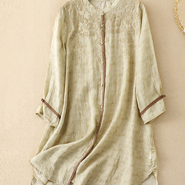 Buddha Stones Summer Casual Embroidered Stand Collar Design Three Quarter Sleeve Acrylic Midi Dress - image 9