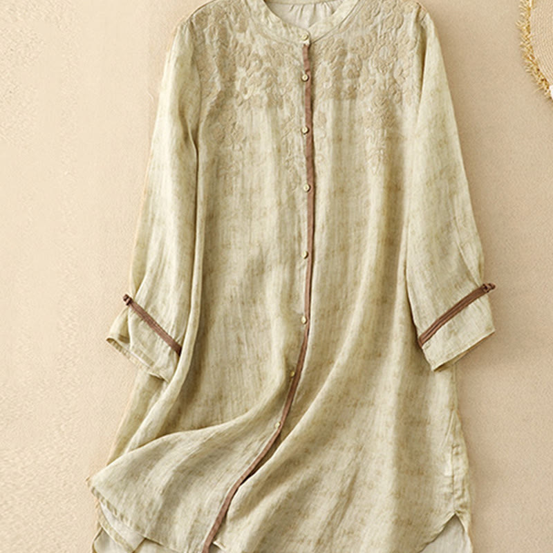 Buddha Stones Summer Casual Embroidered Stand Collar Design Three Quarter Sleeve Midi Dress - image 9