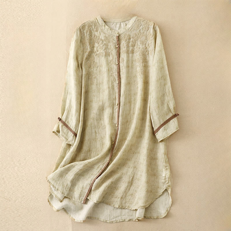 Buddha Stones Summer Casual Embroidered Stand Collar Design Three Quarter Sleeve Acrylic Midi Dress - LemonChiffon - US8-10，UK/AU12-14，EU40-42 (2XL) - image 7