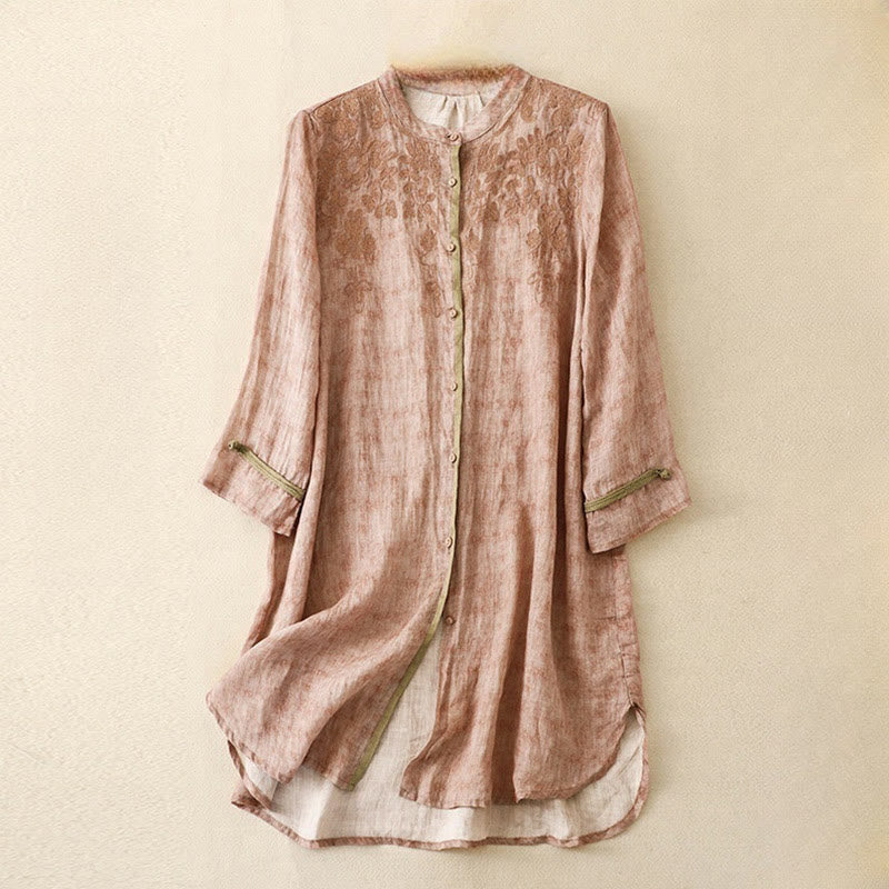 Buddha Stones Summer Casual Embroidered Stand Collar Design Three Quarter Sleeve Midi Dress - Pink - US8-10，UK/AU12-14，EU40-42 (2XL) - image 18