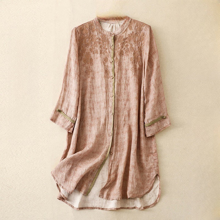 Buddha Stones Summer Casual Embroidered Stand Collar Design Three Quarter Sleeve Acrylic Midi Dress - Pink - US8-10，UK/AU12-14，EU40-42 (2XL) - image 18