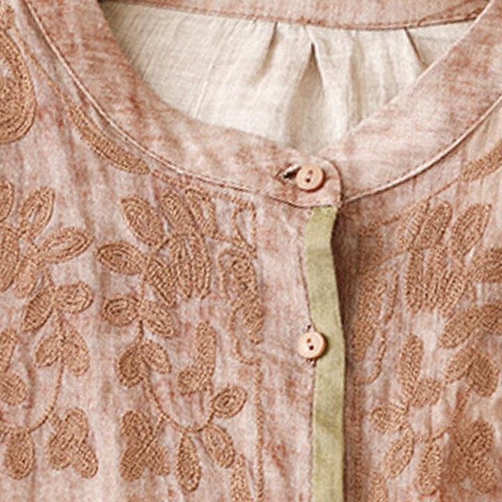 Buddha Stones Summer Casual Embroidered Stand Collar Design Three Quarter Sleeve Midi Dress - image 20