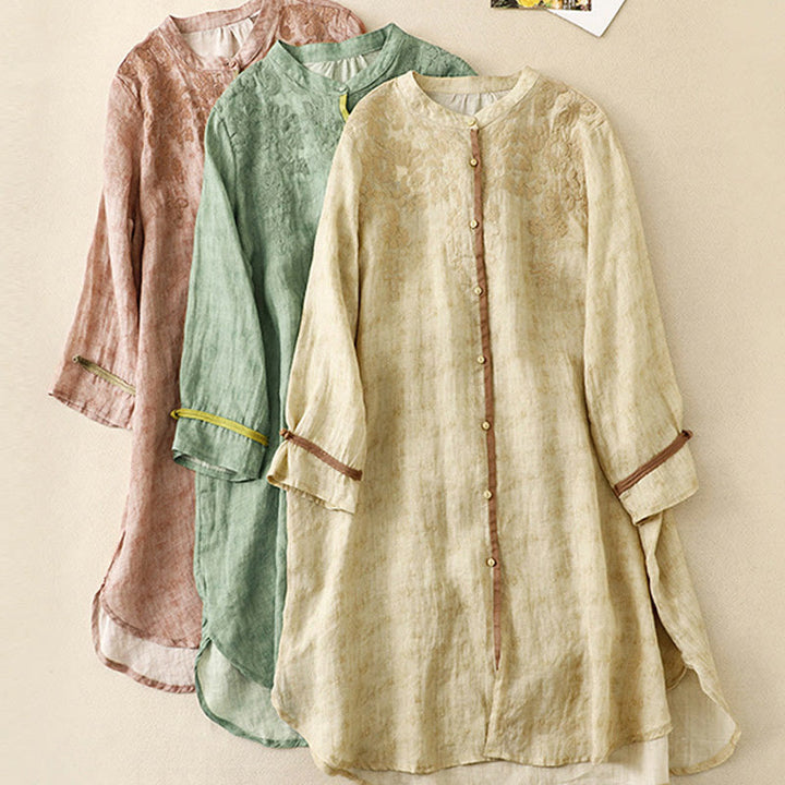 Buddha Stones Summer Casual Embroidered Stand Collar Design Three Quarter Sleeve Acrylic Midi Dress - image 23