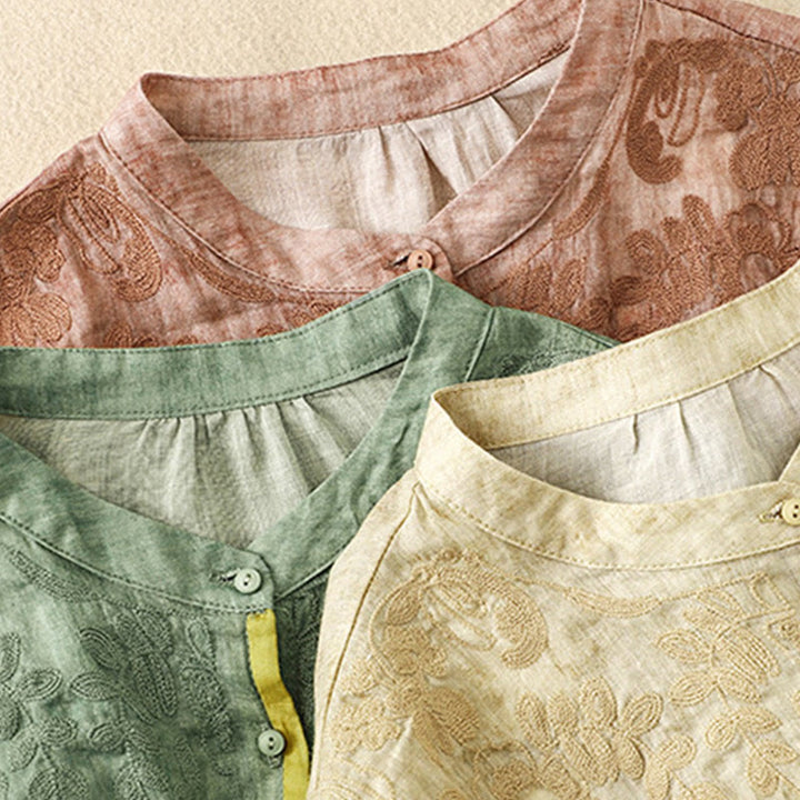 Buddha Stones Summer Casual Embroidered Stand Collar Design Three Quarter Sleeve Acrylic Midi Dress - image 24