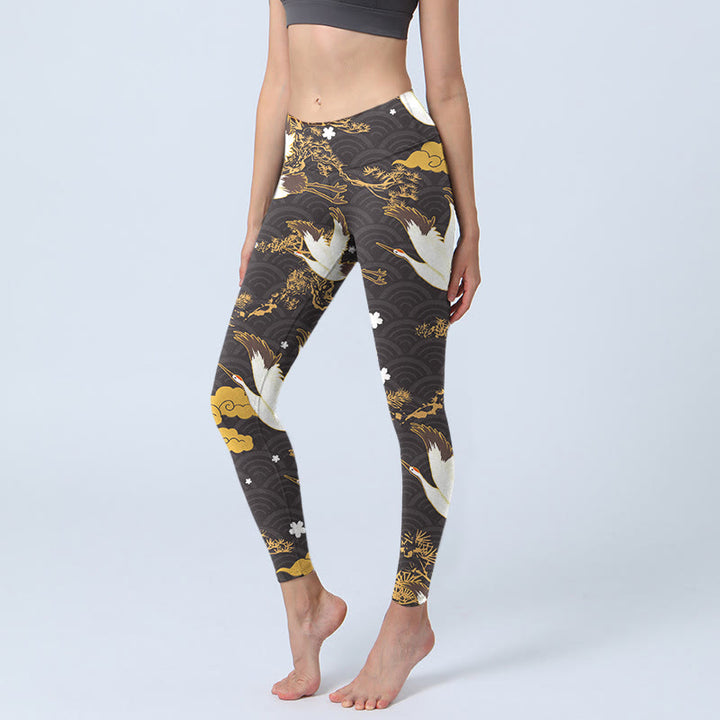 Buddha Stones Golden Auspicious Cloud Pine Branch Crane Wave Pattern Print Gym Leggings Women's Yoga Pants - Black - US18，UK/AU22，EU50 (4XL) - image 0