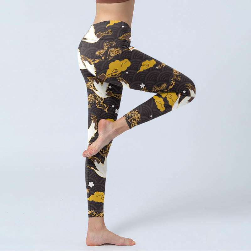 Buddha Stones Golden Auspicious Cloud Pine Branch Crane Wave Pattern Print Gym Leggings Women's Yoga Pants - image 4