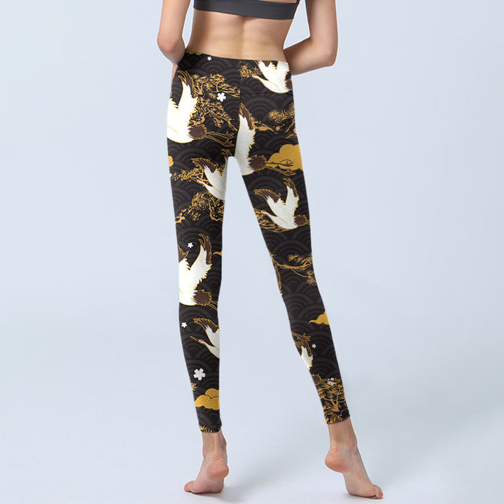 Buddha Stones Golden Auspicious Cloud Pine Branch Crane Wave Pattern Print Gym Leggings Women's Yoga Pants - image 6