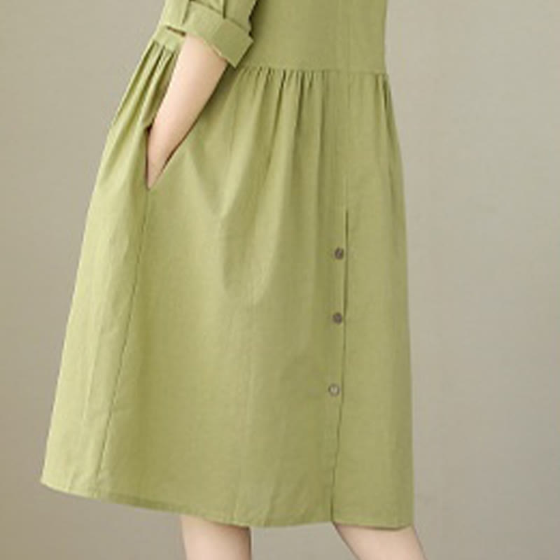 Buddha Stones Summer Casual Plain Buttons Stand Collar Design Three Quarter Sleeve Acrylic Cardigan Midi Dress With Pockets - image 5