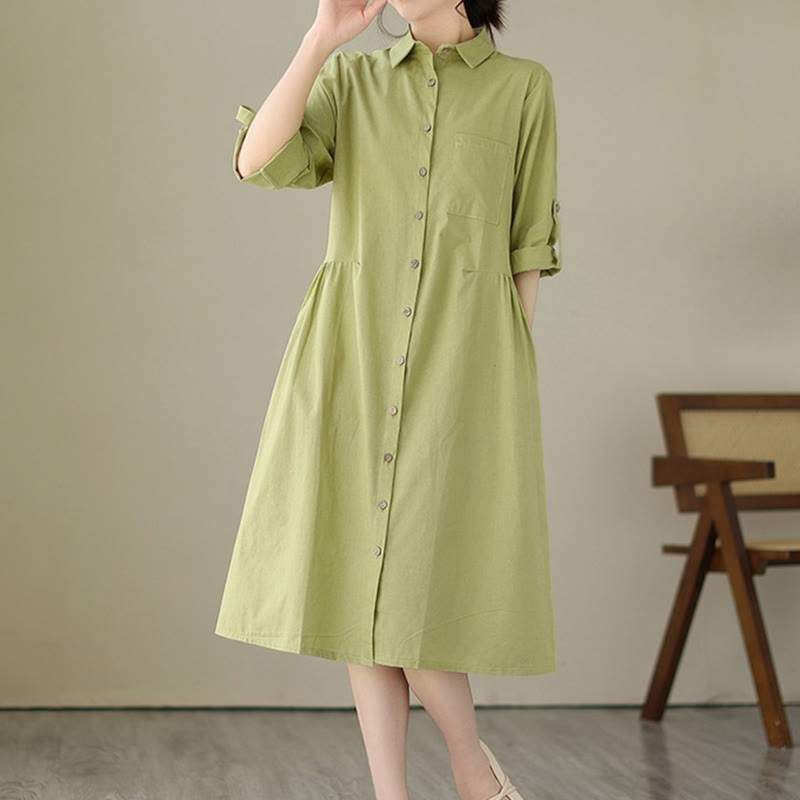 Buddha Stones Summer Casual Plain Buttons Stand Collar Design Three Quarter Sleeve Acrylic Cardigan Midi Dress With Pockets - YellowGreen - US8-10，UK/AU12-14，EU40-42 (2XL) - image 0