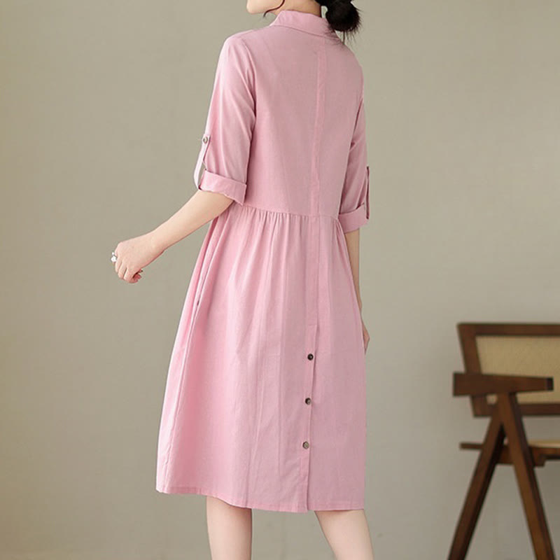 Buddha Stones Summer Casual Plain Buttons Stand Collar Design Three Quarter Sleeve Acrylic Cardigan Midi Dress With Pockets - image 12