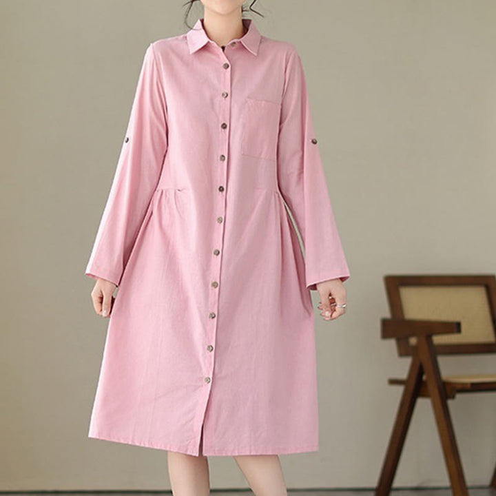 Buddha Stones Summer Casual Plain Buttons Stand Collar Design Three Quarter Sleeve Acrylic Cardigan Midi Dress With Pockets - image 11