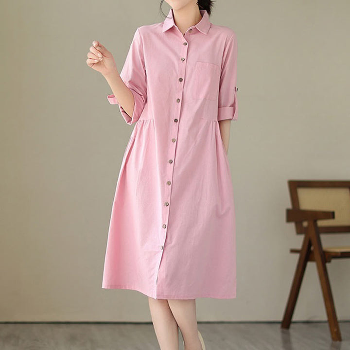 Buddha Stones Summer Casual Plain Buttons Stand Collar Design Three Quarter Sleeve Acrylic Cardigan Midi Dress With Pockets - Pink - US8-10，UK/AU12-14，EU40-42 (2XL) - image 10