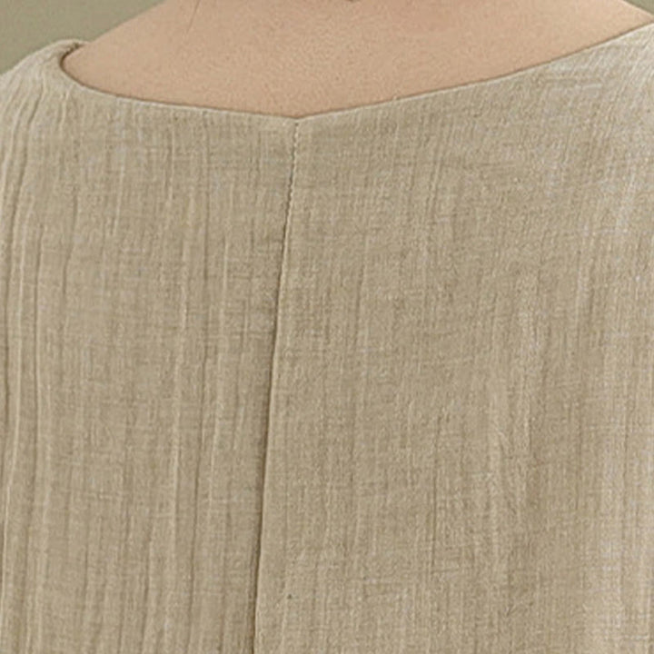 Buddha Stones Summer Casual Plain Design Crew Neck Short Sleeve Cotton Linen Blended Double Layer Midi Dress