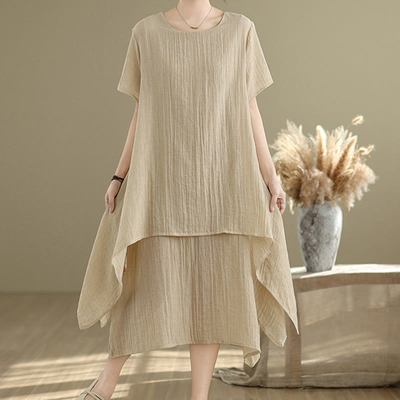 Buddha Stones Summer Casual Plain Design Crew Neck Short Sleeve Cotton Linen Blended Double Layer Midi Dress - image 1