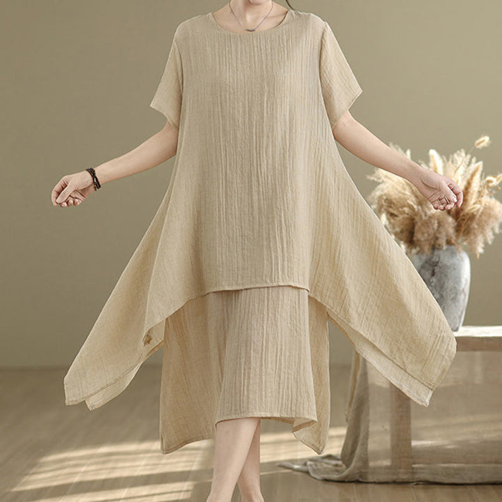Buddha Stones Summer Casual Plain Design Crew Neck Short Sleeve Cotton Linen Blended Double Layer Midi Dress